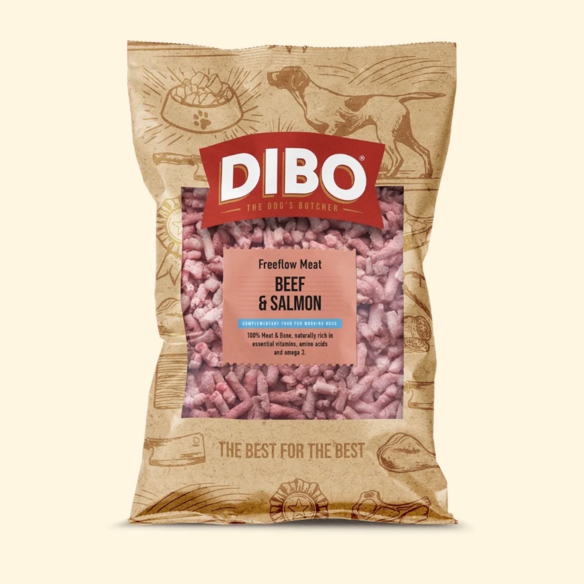 DIBO dog food package with beef and salmon flavor on a beige background