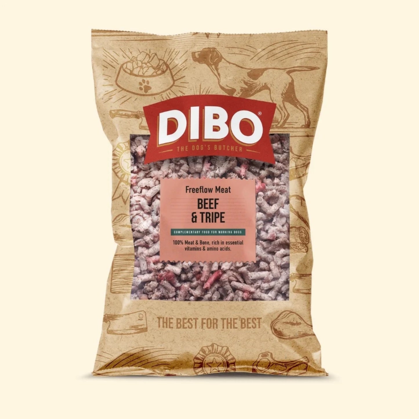 DIBO beef & tripe meat package on a beige background