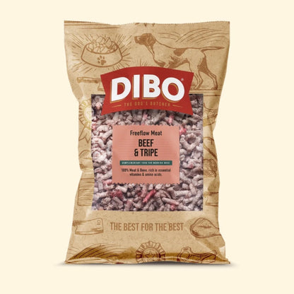 DIBO beef & tripe meat package on a beige background