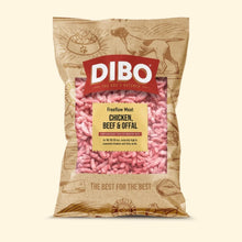 DIBO dog food package with pink meat chunks on a beige background