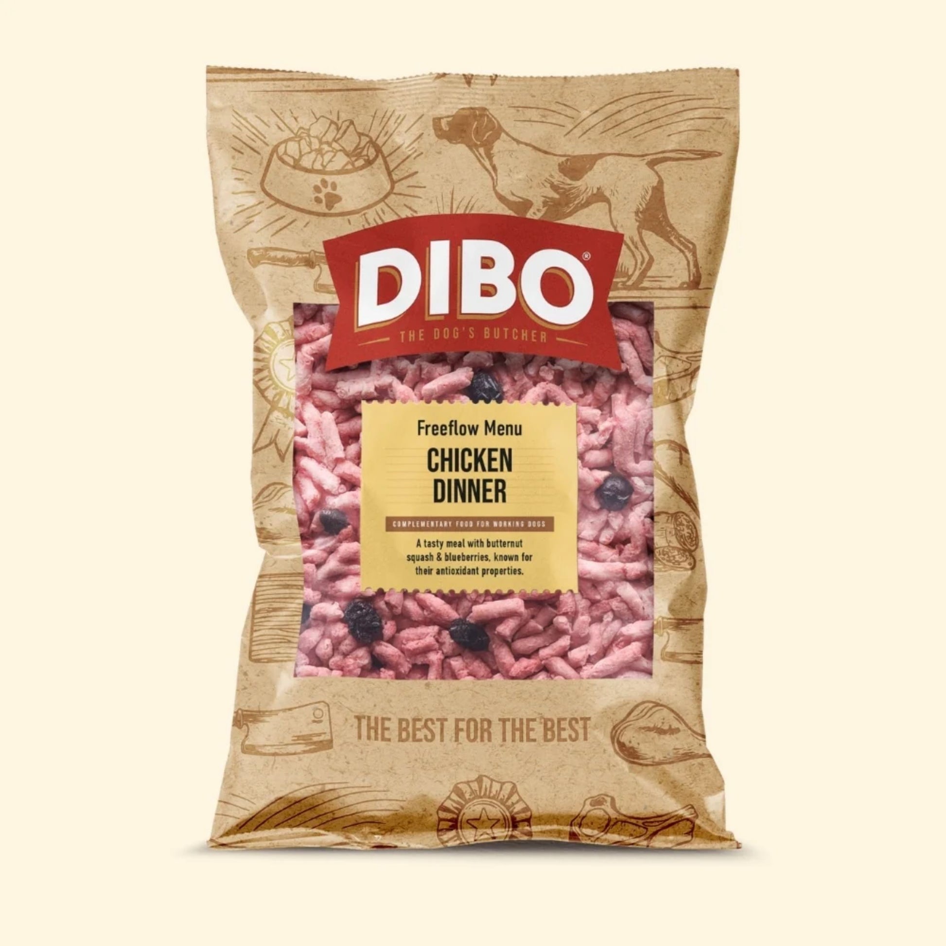 DIBO dog food package with chicken dinner label on a beige background