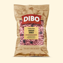 DIBO dog food package with chicken dinner label on a beige background