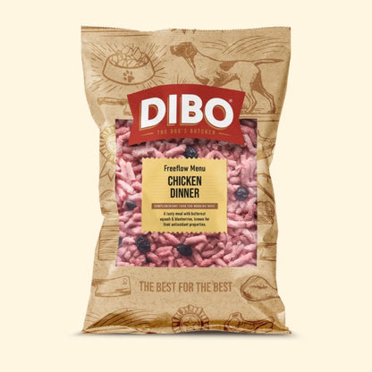 DIBO dog food package with chicken dinner label on a beige background