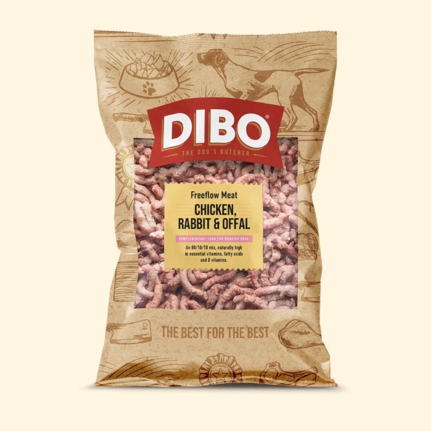 DIBO dog food package with text on a beige background