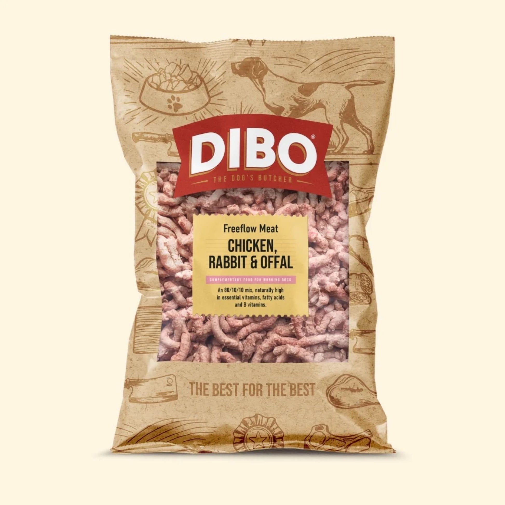 DIBO dog food package with text on a beige background