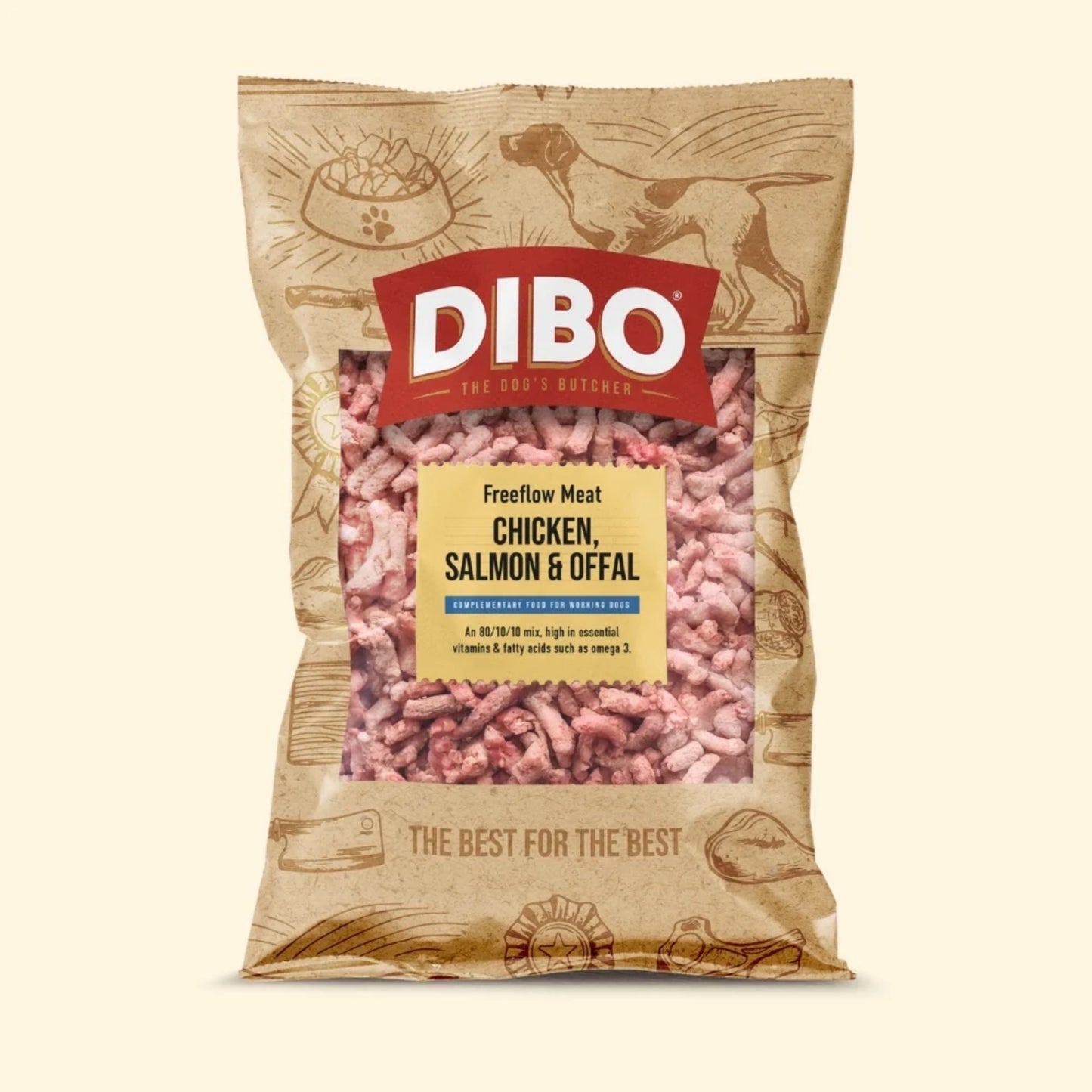 DIBO dog food package with text 'Chicken, Salmon & Offal' on a beige background