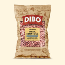 DIBO dog food package with text 'Chicken, Salmon & Offal' on a beige background
