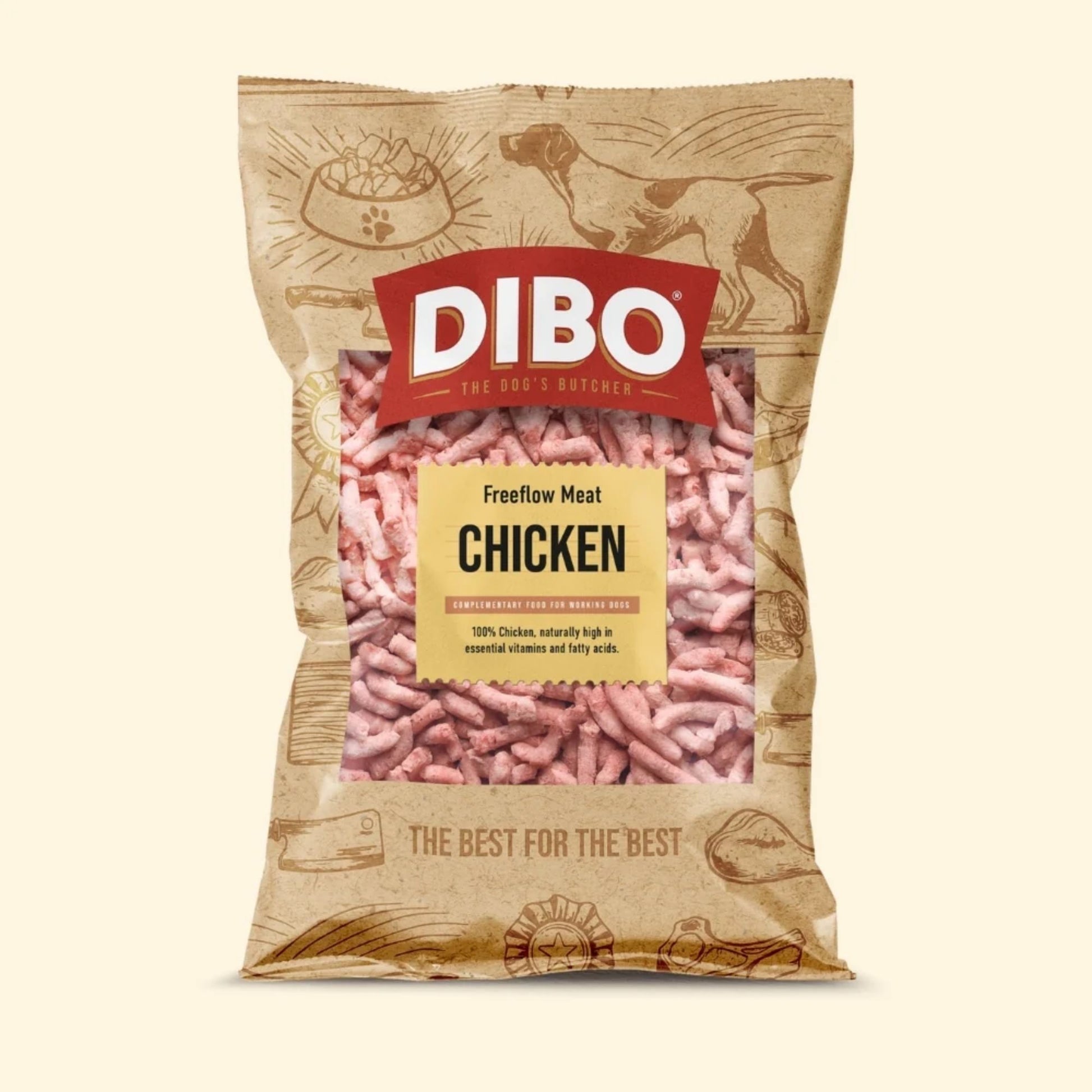 Bag of DIBO chicken mince for pets on a white background