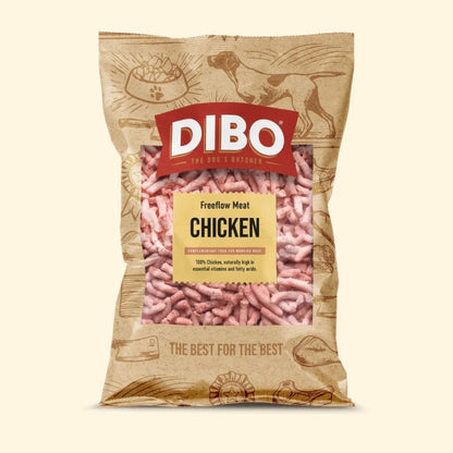Bag of DIBO chicken mince for pets on a white background
