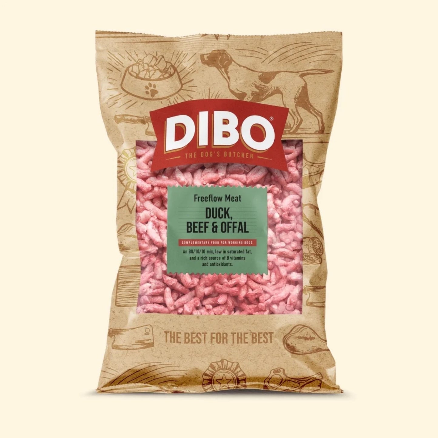 DIBO dog food package with pink meat chunks on a beige background