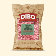 DIBO dog food package with pink meat chunks on a beige background