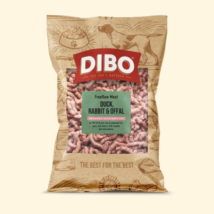 DIBO duck, rabbit, offal meat package on a beige background