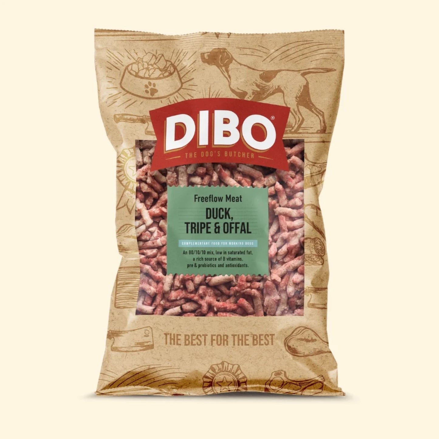 A bag of Dibo Freeflow Meat dog food, specifically Duck, Tripe & Offal, in a brown kraft paper bag with a red Dibo logo and a green label, shown on a light beige background.