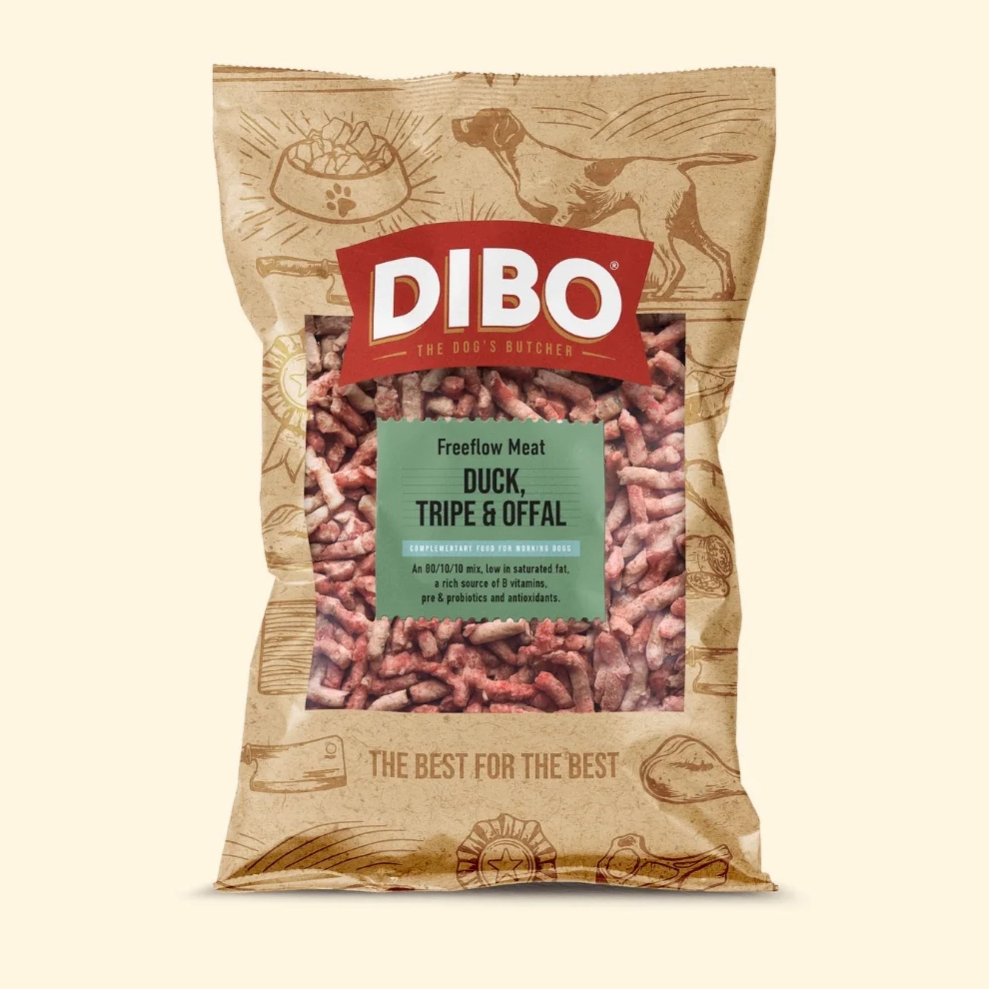 A bag of Dibo Freeflow Meat dog food, specifically Duck, Tripe & Offal, in a brown kraft paper bag with a red Dibo logo and a green label, shown on a light beige background.