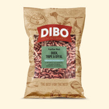 A bag of Dibo Freeflow Meat dog food, specifically Duck, Tripe & Offal, in a brown kraft paper bag with a red Dibo logo and a green label, shown on a light beige background.