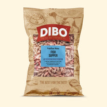 DIBO Freeflow Menu Fish Supper dog food package on a beige background