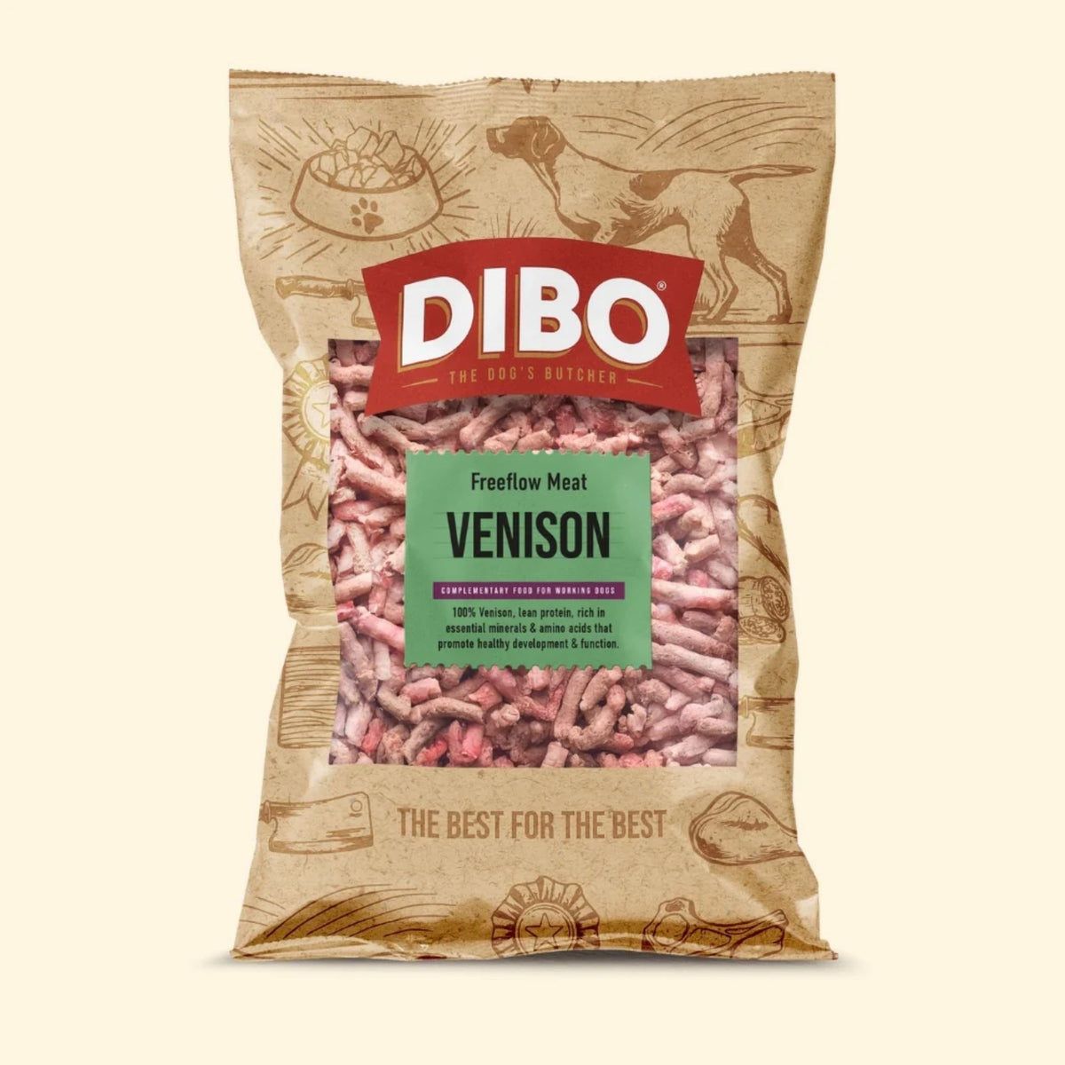 A bag of Dibo Freeflow Meat Venison dog food, featuring a brown kraft paper bag with illustrations, a red Dibo logo, and a green label indicating the meat type, with the dog food visible through a clear window.