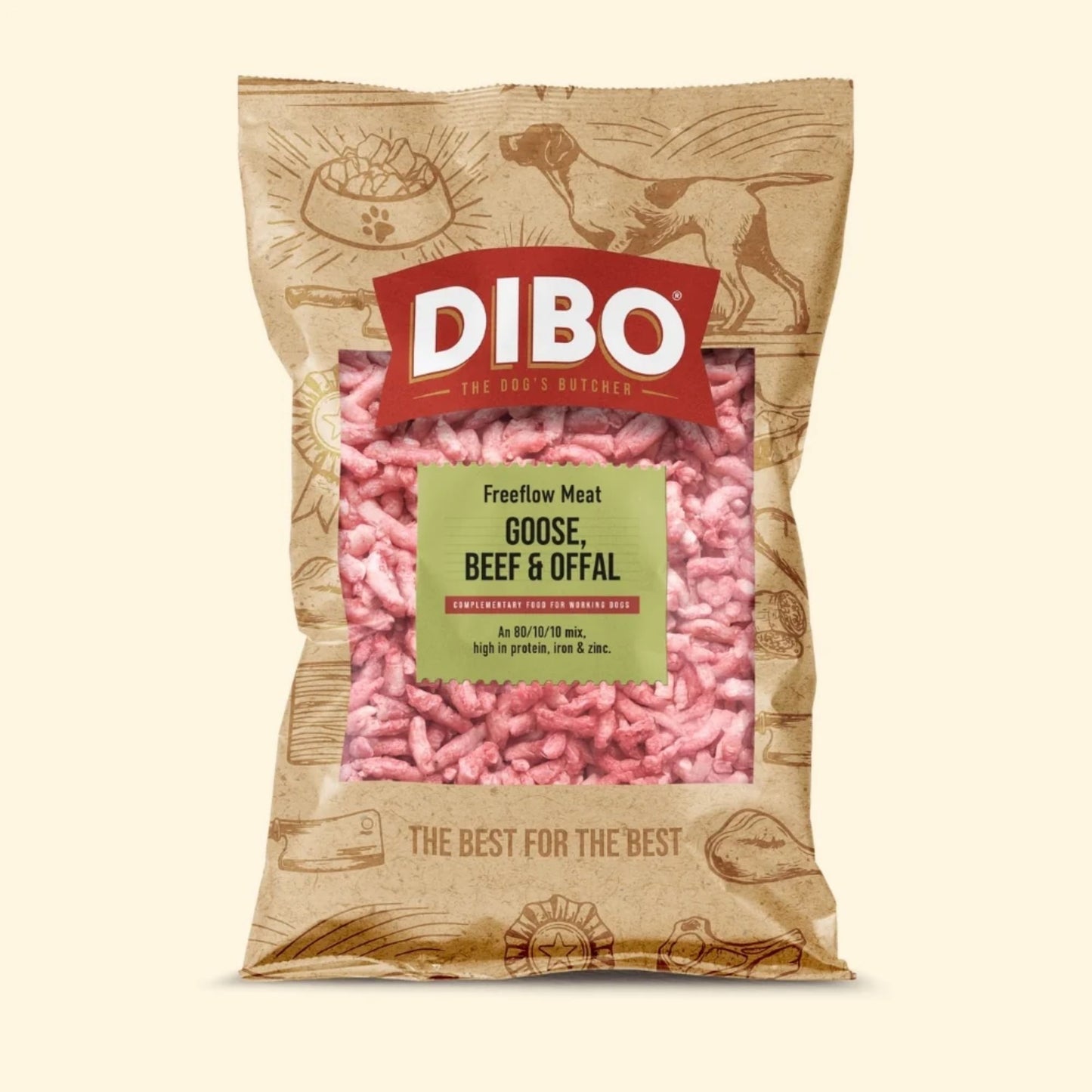 DIBO dog food package with pink meat chunks on a beige background