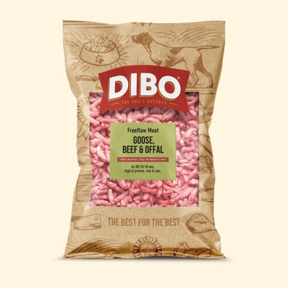 DIBO dog food package with pink meat chunks on a beige background