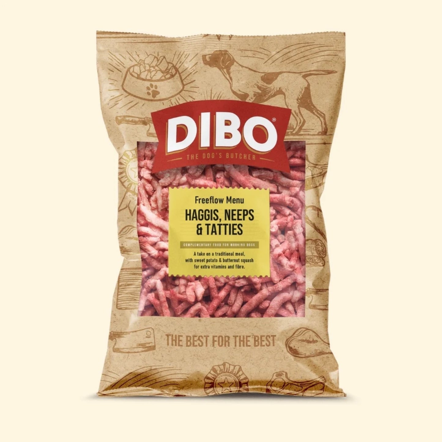 DIBO pet food package with visible text and branding on a beige background