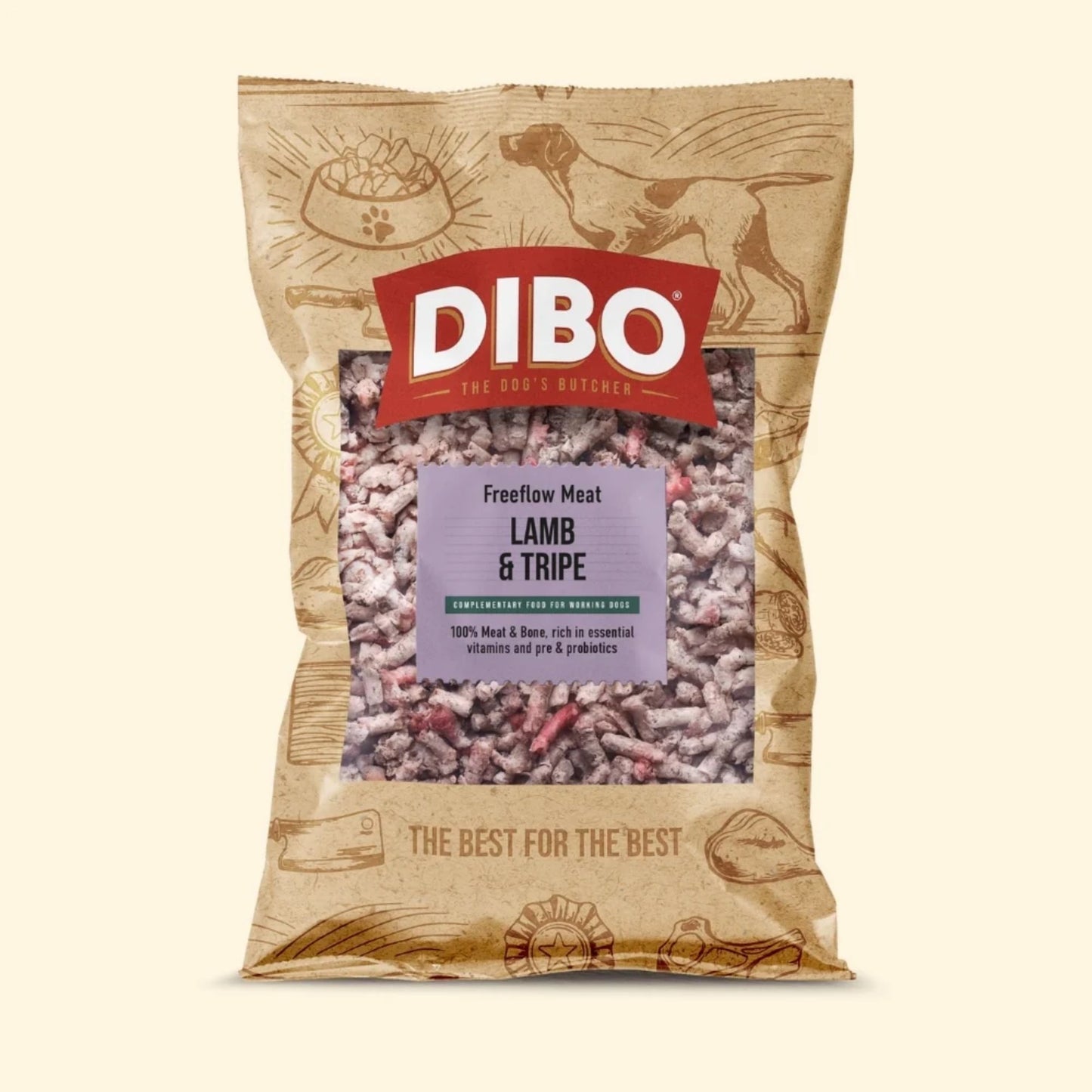 DIBO dog food package with a beige background