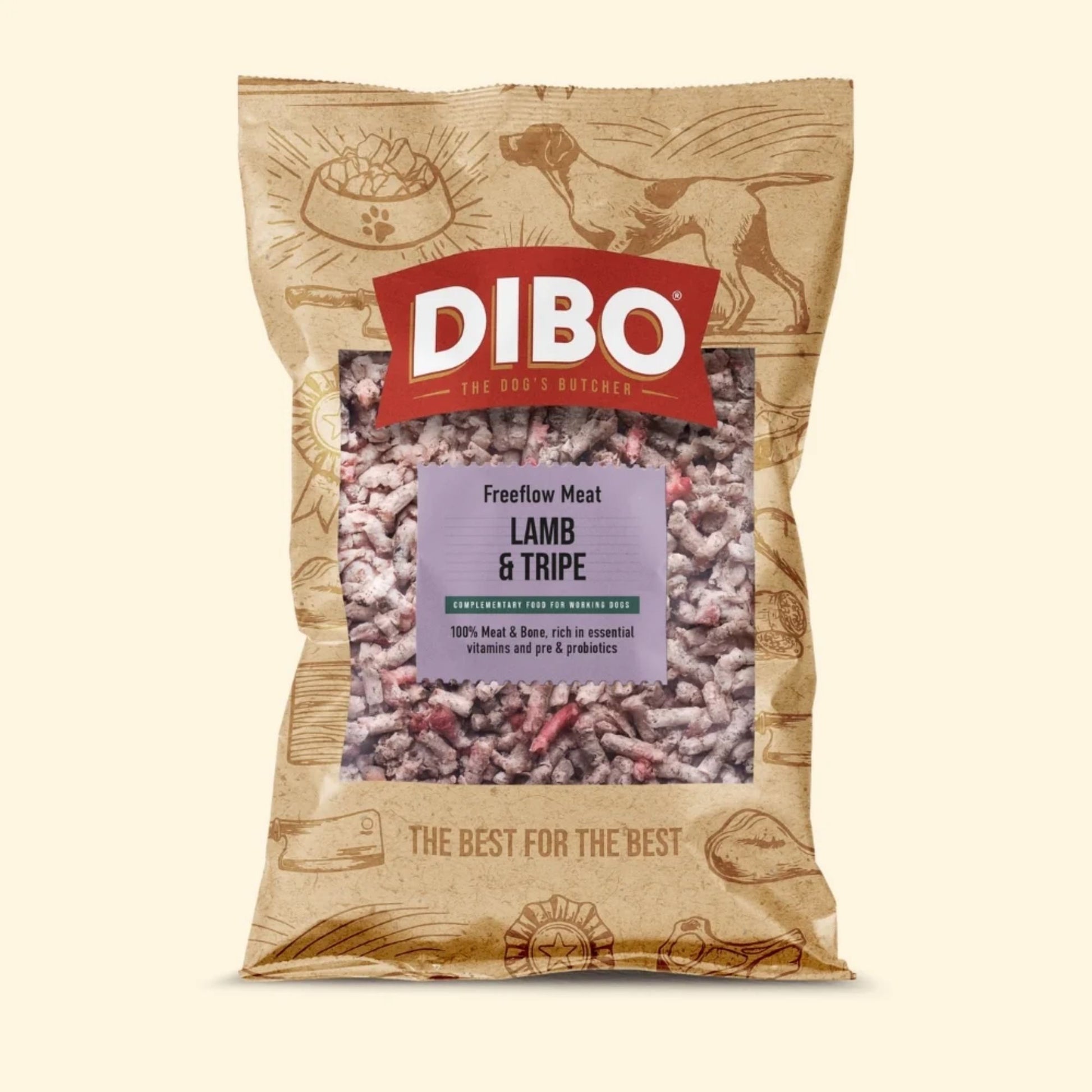 DIBO dog food package with a beige background