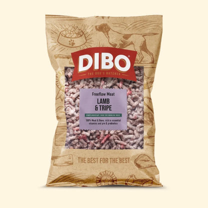 DIBO dog food package with a beige background