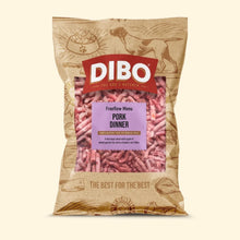 DIBO dog food package with pork dinner on a beige background