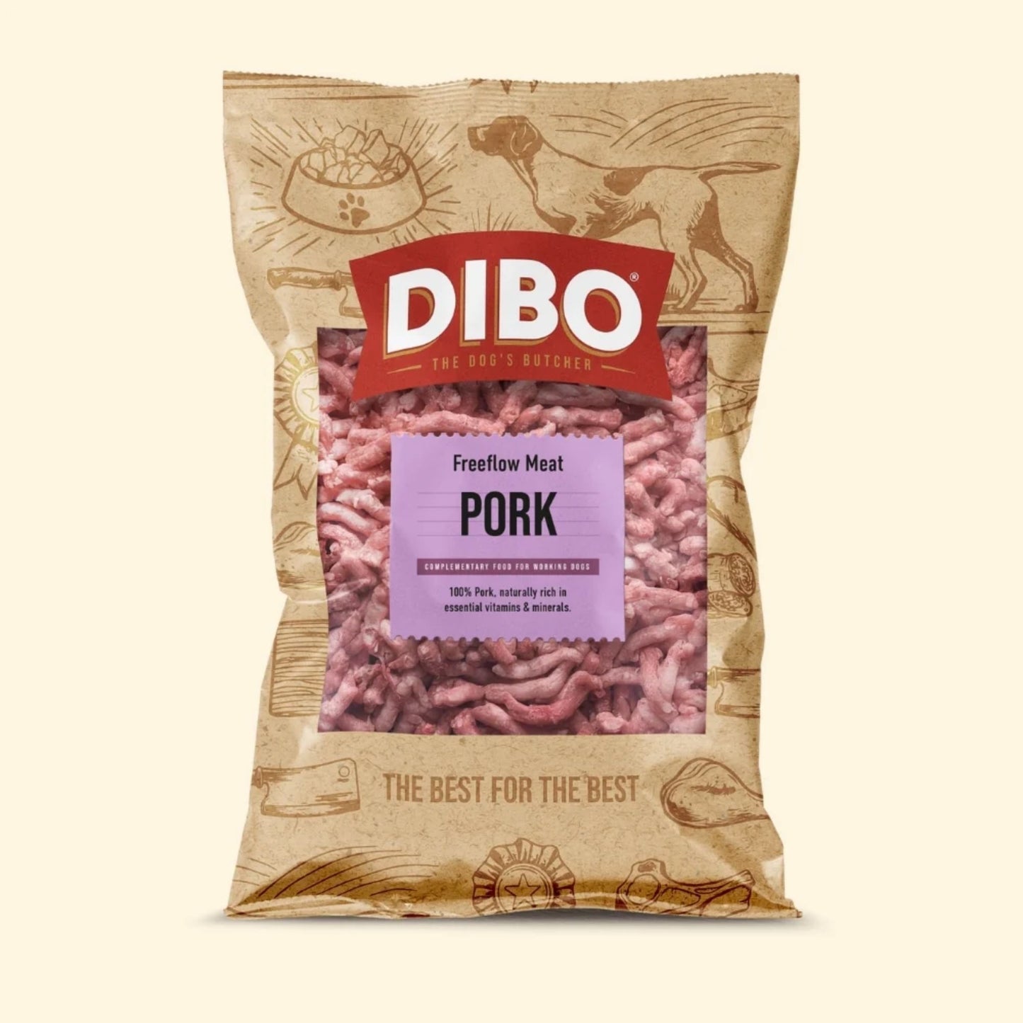 DIBO pork meat package on a beige background