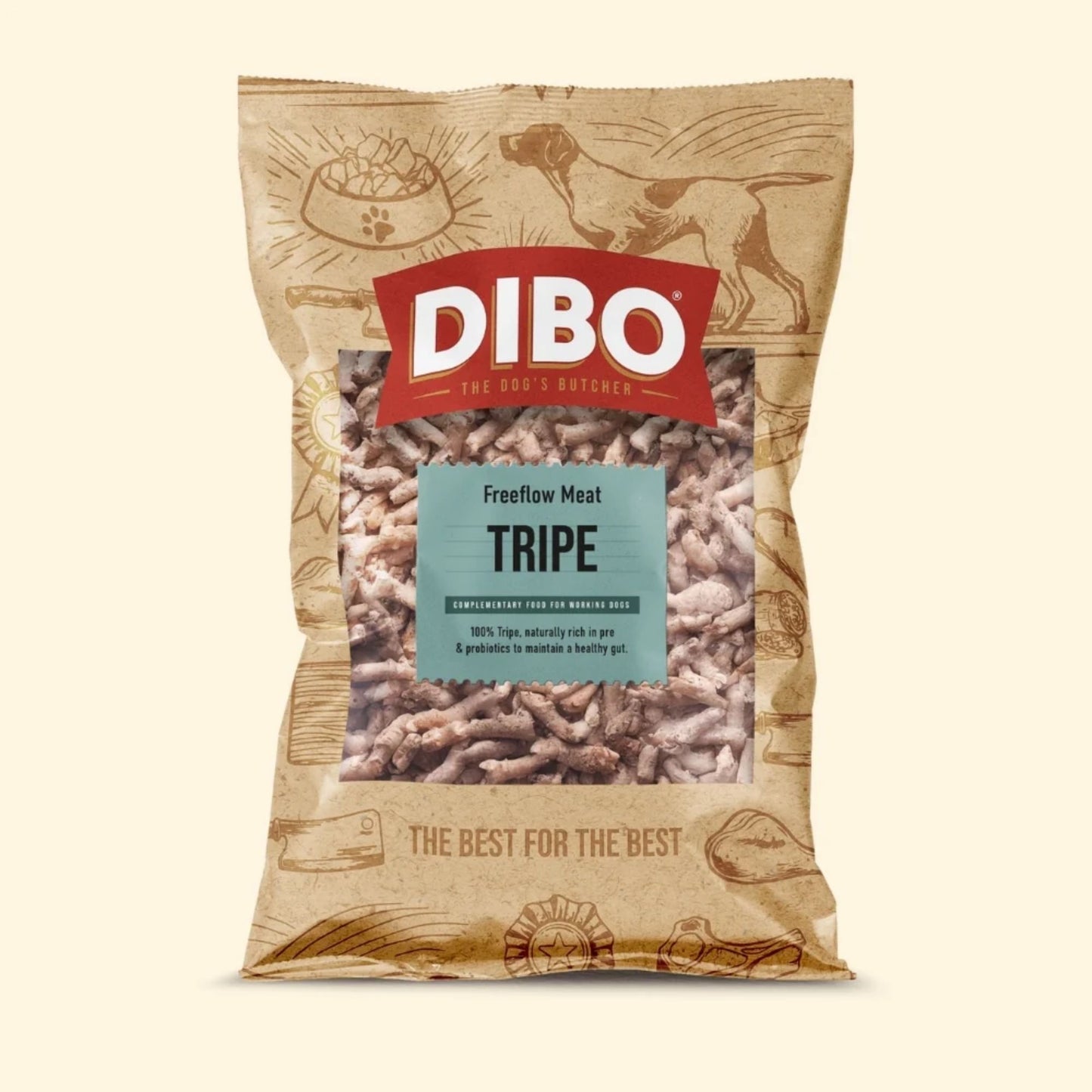 DIBO dog food package with text 'Freeflow Meat Tripe' on a beige background