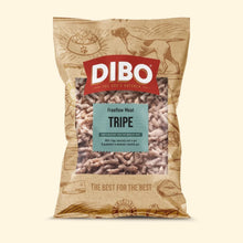 DIBO dog food package with text 'Freeflow Meat Tripe' on a beige background