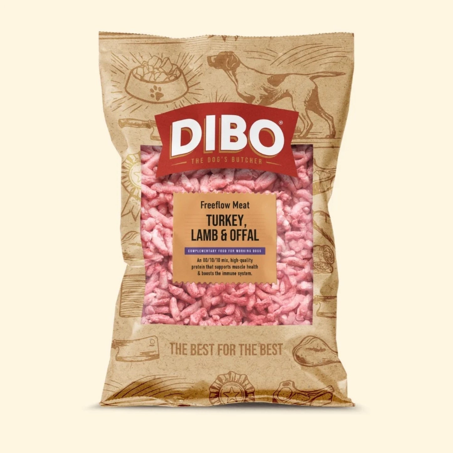 DIBO dog food package with pink meat chunks on a beige background