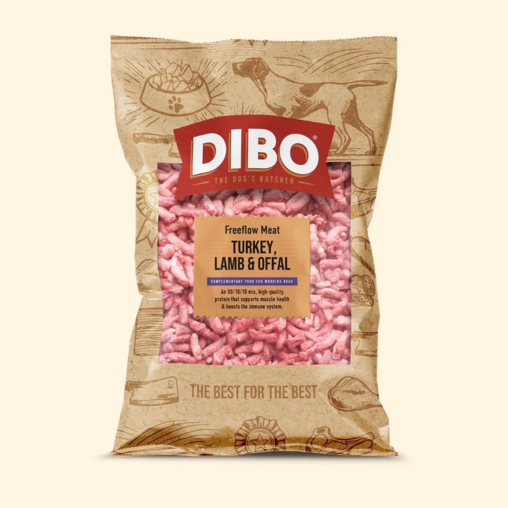 DIBO dog food package with pink meat chunks on a beige background