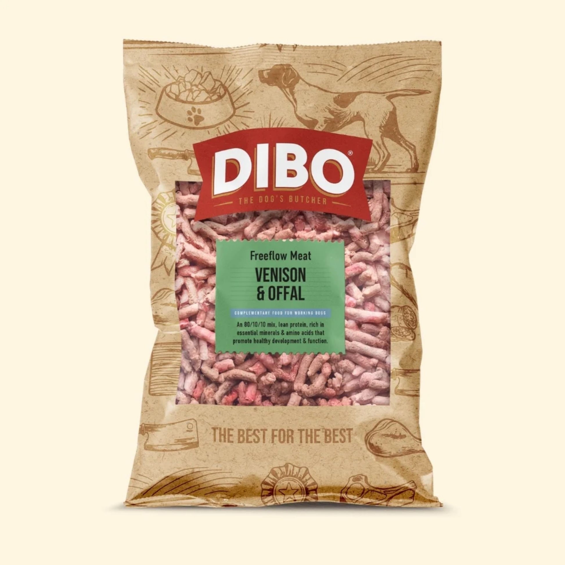 DIBO dog food package with venison and offal on a white background