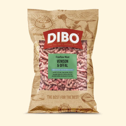 DIBO dog food package with venison and offal on a white background
