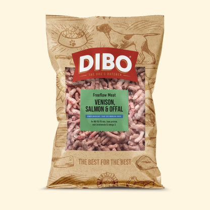 DIBO venison, salmon, offal meat package on a beige background