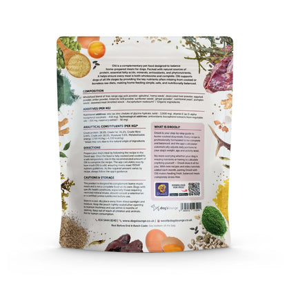 Back view of a pet food package with nutritional information and ingredients listed.