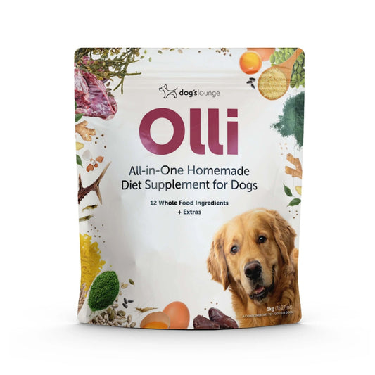 Olli all-in-one homemade diet supplement for dogs packaging with a dog on the front.