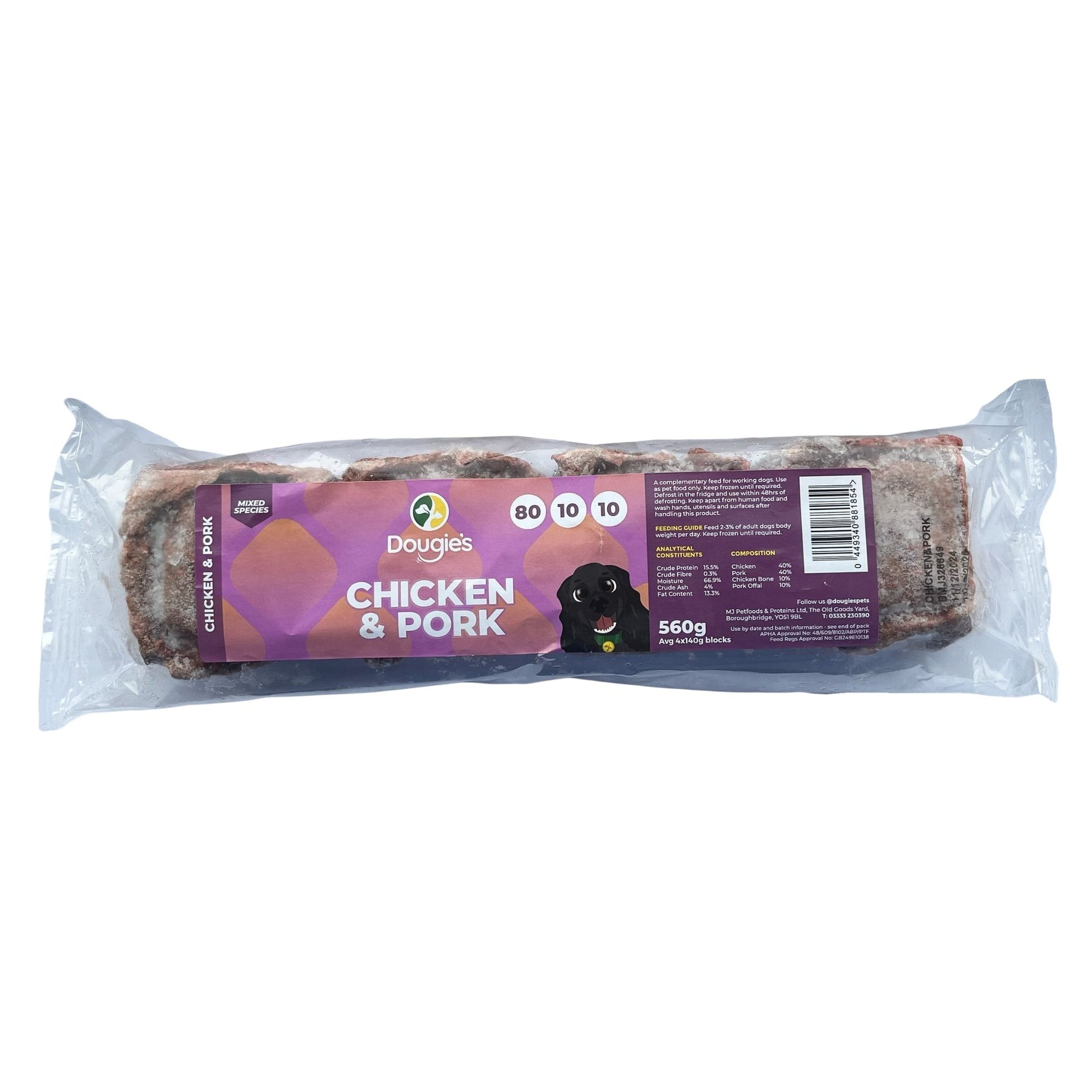 Packaged dog food with Dougies branding on a white background