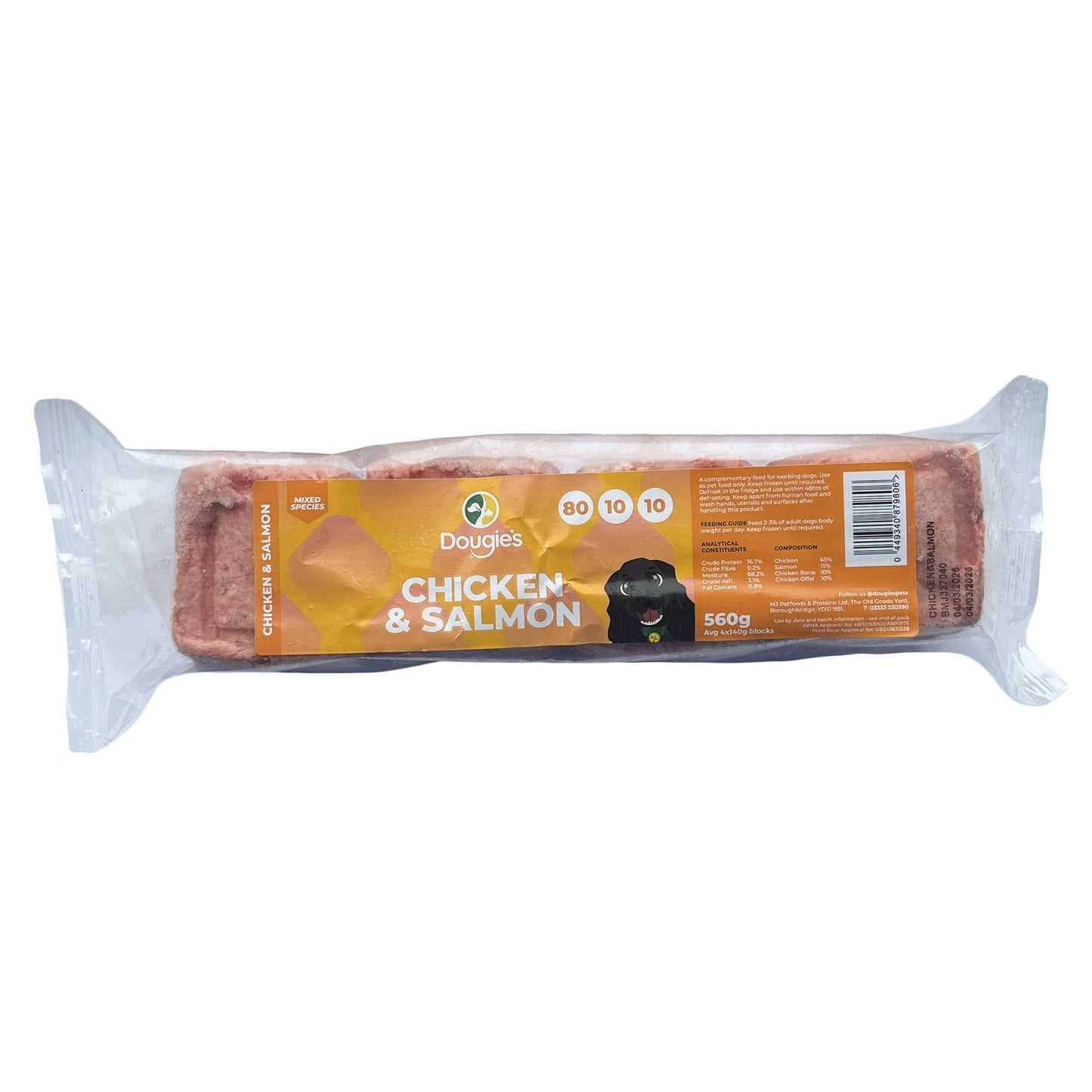 Packaged dog food with 'Dougies' branding on a white background