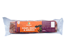 Dougies Goat, Duck & Mango dog treats in a clear plastic package with an orange and dark purple label, shown against a plain white background.