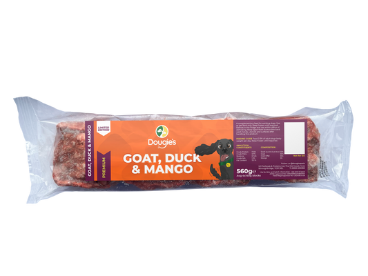 Dougies Goat, Duck & Mango dog treats in a clear plastic package with an orange and dark purple label, shown against a plain white background.