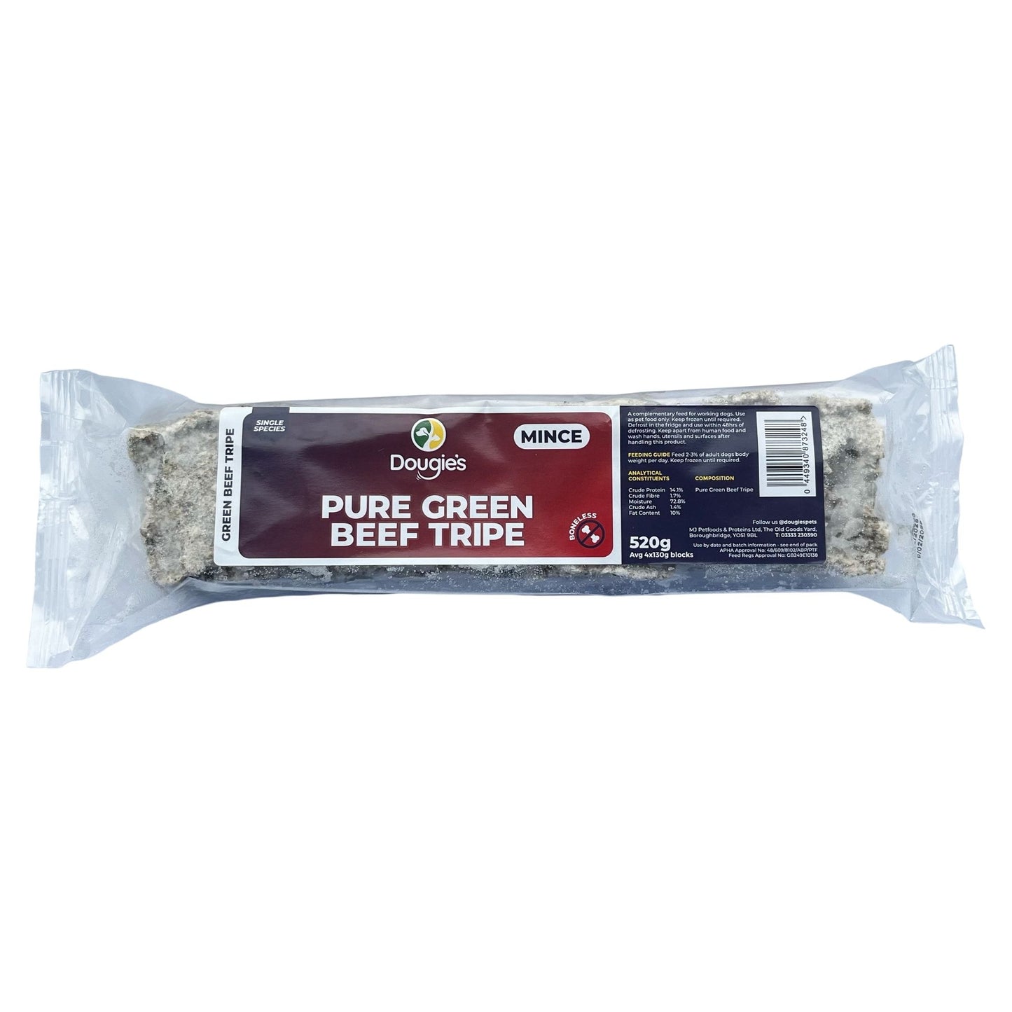 Packaged pure green beef tripe with Dougie's branding on a white background