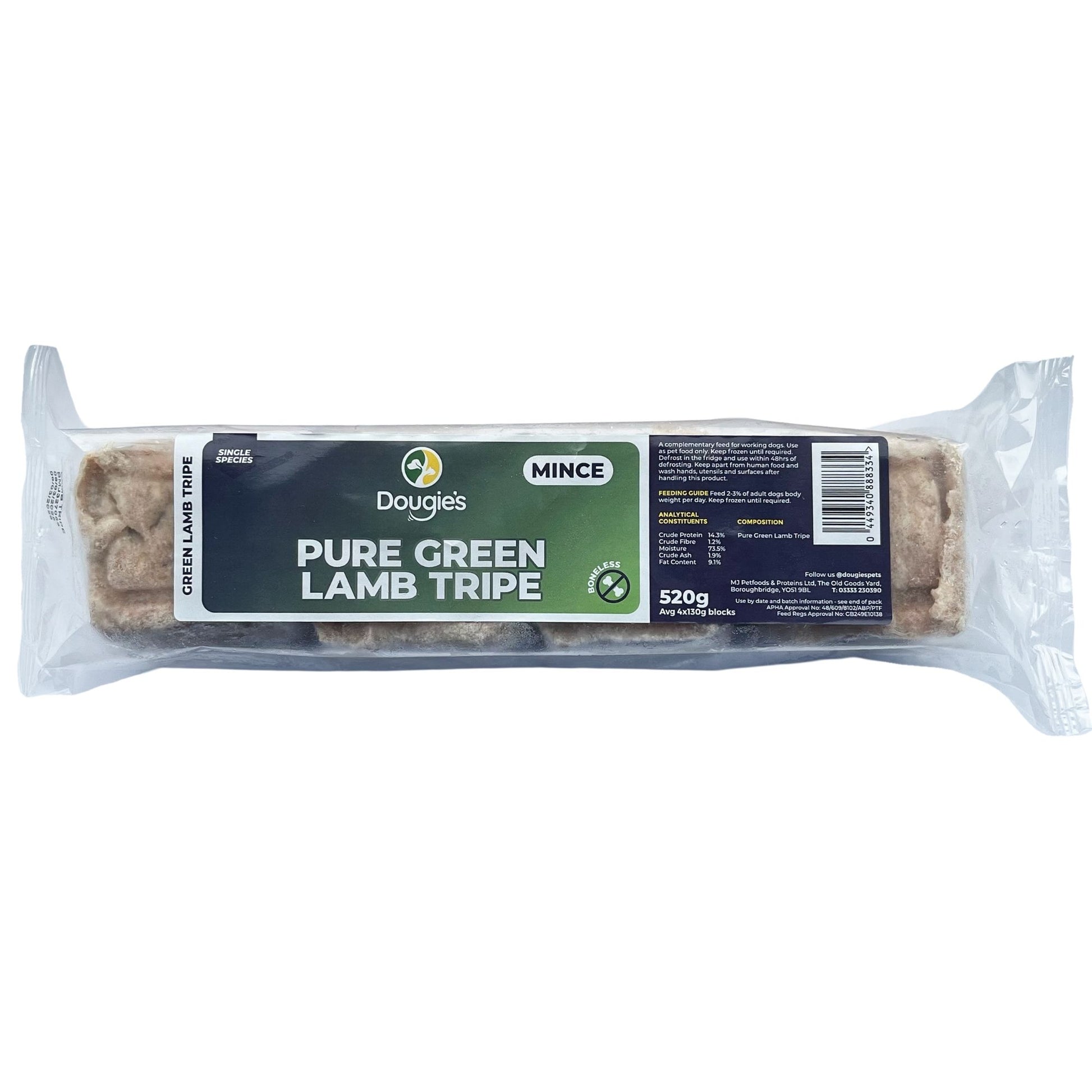 Packaged pure green lamb tripe with Dougies branding on a white background