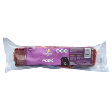 Packaged pork raw food for dogs with a purple label on a white background