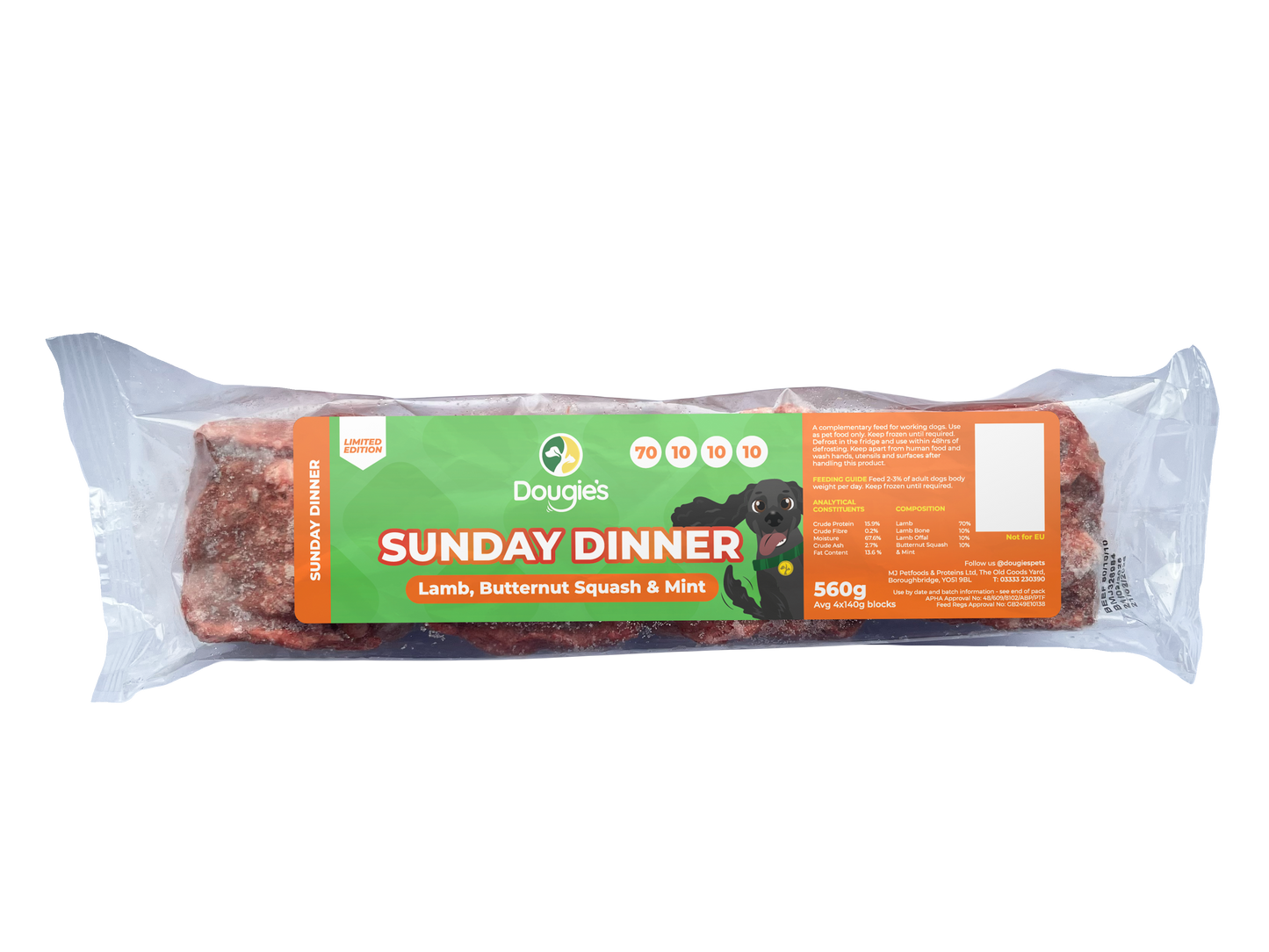 Packaged dog food with a label indicating 'Sunday Dinner' flavor on a white background