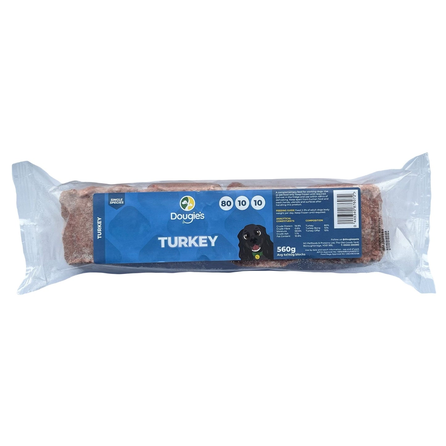 Package of Douglas turkey dog food on a white background