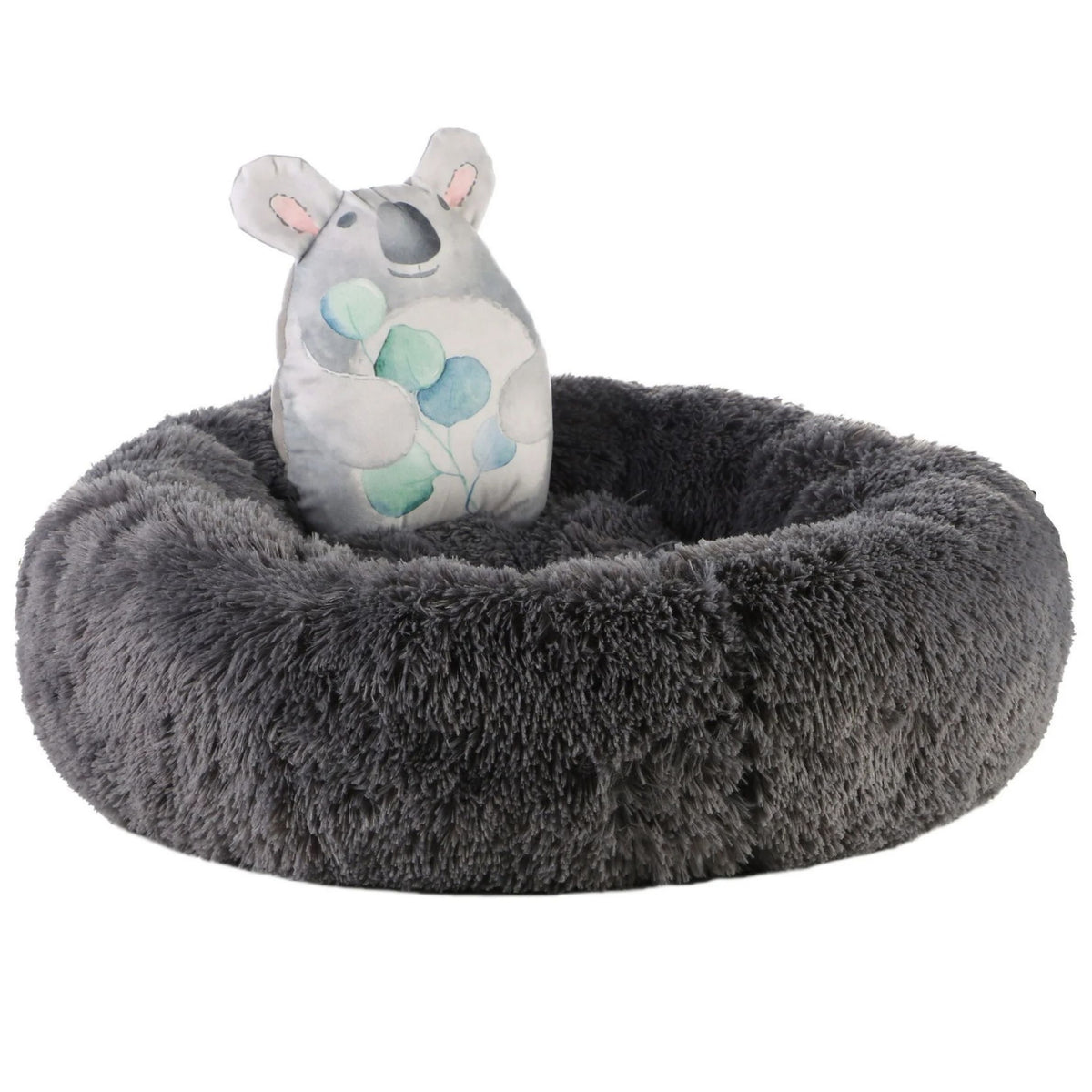 A plush gray pet bed with a soft, high-pile fuzzy rim, featuring a small koala-shaped cushion inside. The koala cushion is light gray with pink inner ears and a pattern of blue and mint green leaves on its back.