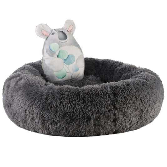 A plush gray pet bed with a soft, high-pile fuzzy rim, featuring a small koala-shaped cushion inside. The koala cushion is light gray with pink inner ears and a pattern of blue and mint green leaves on its back.