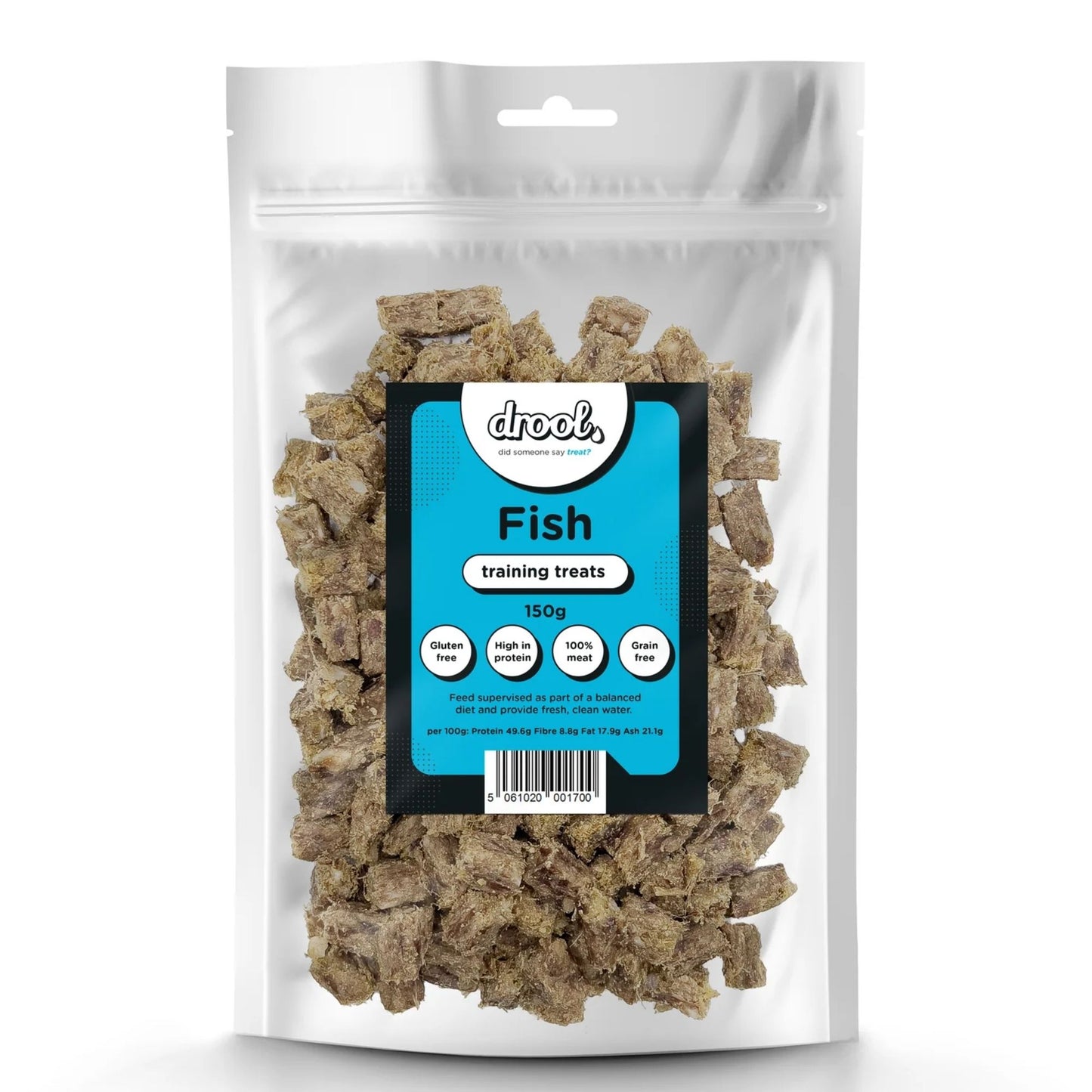 Pack of fish training treats with a drool label on a white background